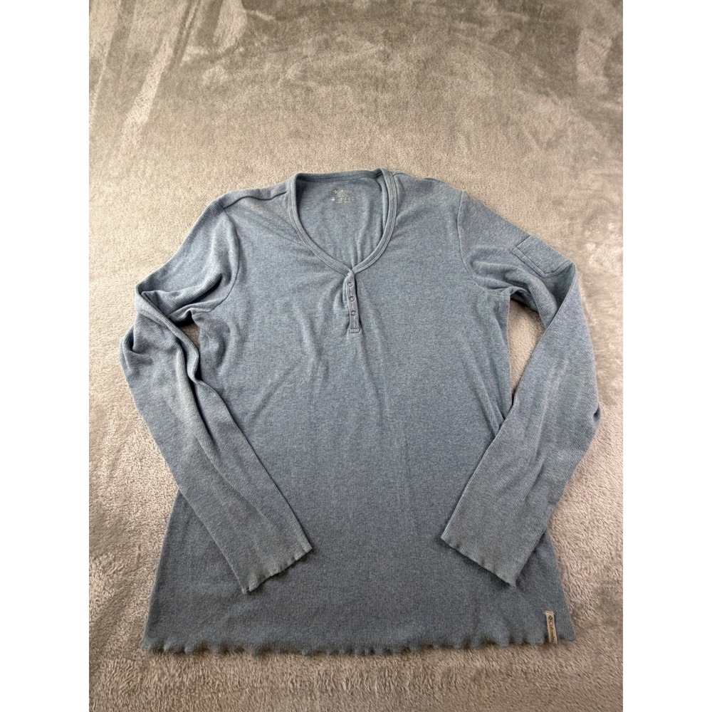 Columbia Henley Top Women Large Blue Long Sleeve Ribbed Cotton Blend